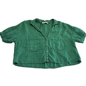 Zara Green Women's Linen Button up Top Shirt size Xlarge cropped NWT St Patricks